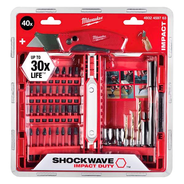 ZESTAW BITÓW I WIERTEŁ MILWAUKEE SHOCKWAVE IMPACT DUTY 40 ELEMENTÓW + NÓŻ FASTBACK