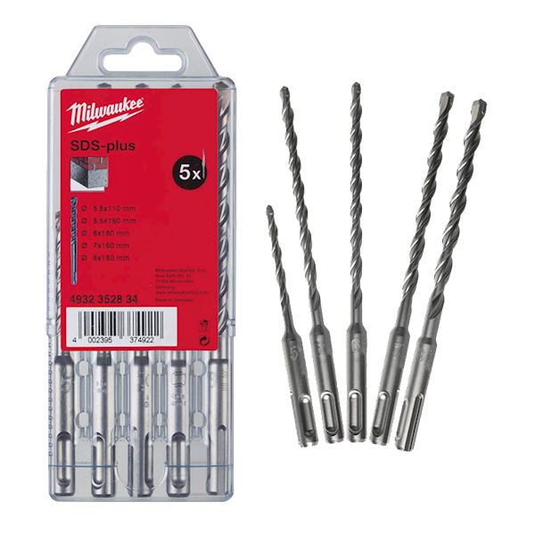 ZESTAW WIERTEŁ UDAROWYCH DO BETONU 2-OSTRZOWE SDS-PLUS MILWAUKEE M2 5 ELEMENTÓW 5,5-8 MM