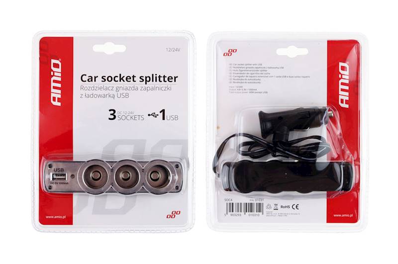ROZGAŁĘŹNIK 3x ZAPALNICZKA+USB AMiO 01031