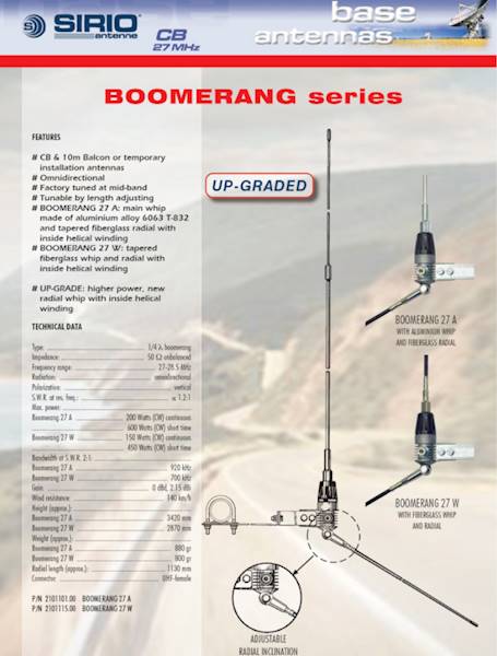 ANTENA CB BAZOWA SIRIO BOOMERANG-27A 1/4 - 280CM