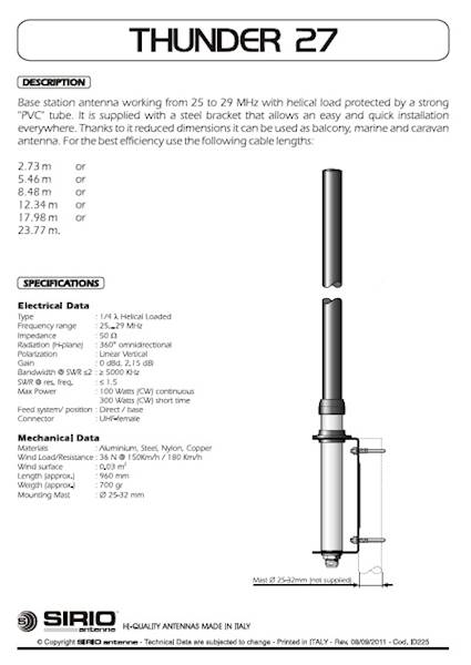 ANTENA CB BAZOWA SIRIO THUNDER-27 1/4 96cm