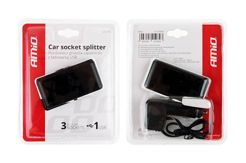 ROZGAŁĘŹNIK 3x ZAPALNICZKA+USB AMiO 01030