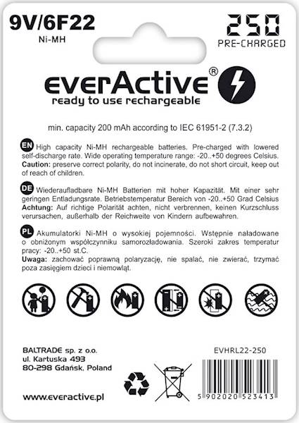 Akumulatorek 6F22 9V everActive Ni-MH 250 mAh Silver Line - blister 1 sztuka (KOD 7187)