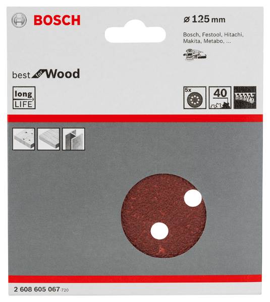 Papier ścierny krążek do szlifierki D125 GR.40 RW 5szt.  BOSCH 2608605067
