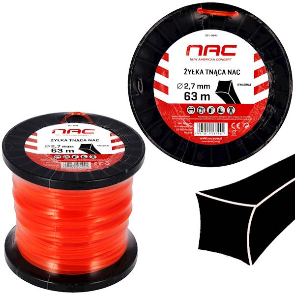 Żyłka tnąca do kos podkaszarek NAC KWADRAT 2,7mm 63m Pomarańczowa