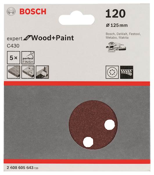 Papier ścierny krążek do szlifierki  RW D-125mm GR.120 5SZT.  BOSCH 2608605643