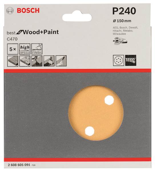 Papier ścierny krążek do szlifierki  RW D-150mm GR.240 5SZT.  BOSCH 2608605091