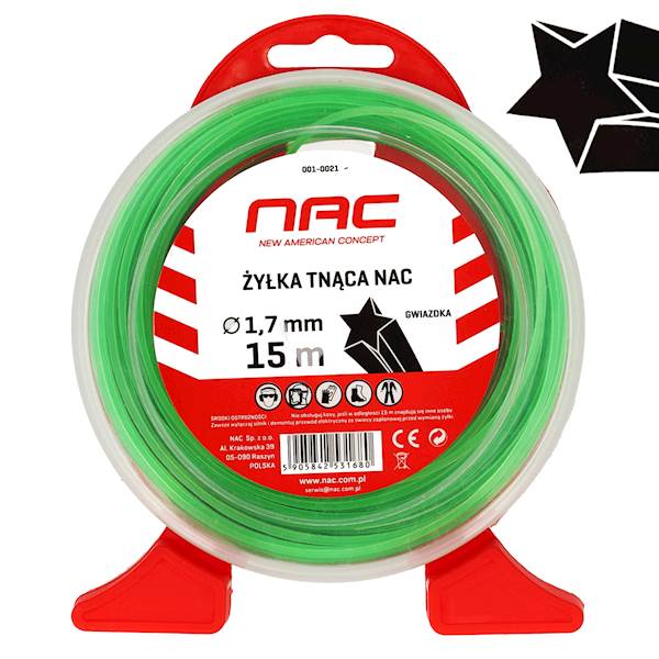 Żyłka tnąca do kos podkaszarek NAC GWIAZDKA 1,7mm 15m ZIELONA