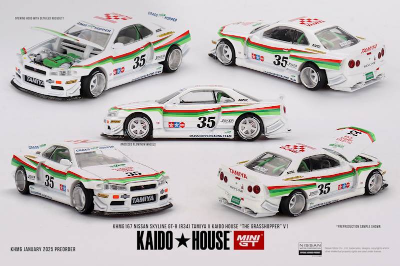 KAIDO HOUSE X MINI GT 1:64 NISSAN SKYLINE GT-R (R34) X TAMIYA "THE GRASSHOPPER" V1 1999