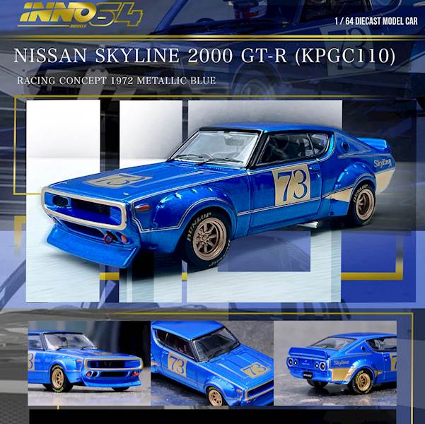 INNO 64 1:64 NISSAN SKYLINE 2000 GT-R (KPGC110) RACING CONCEPT 1972 BLUE