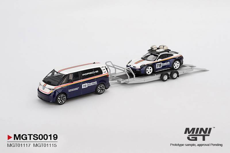MINI GT 1:64 SET PORSCHE 911 DAKAR #718 VOLKSWAGEN ID. BUZZ PORSCHE CENTRUM GELDERLAND ROUGHROADS MGTS0019