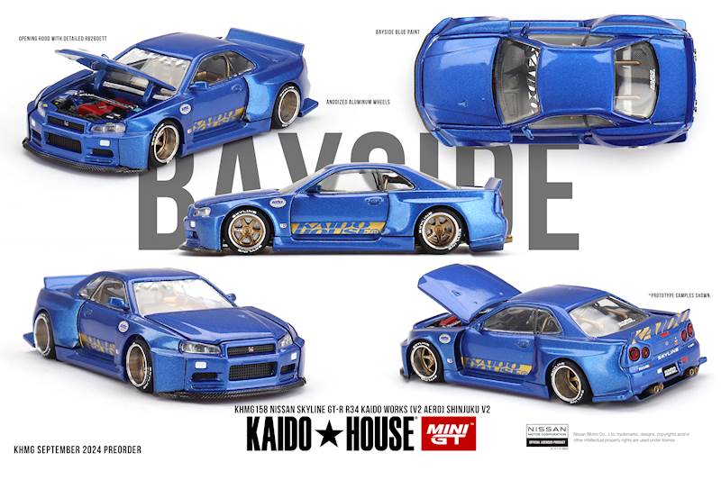 KAIDO HOUSE X MINI GT 1:64 NISSAN SKYLINE GT-R (R34) KAIDO WORKS (V2 AERO) SHINJUKU V2 1999