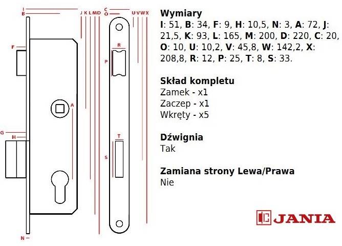 Zamek  drzwiowy Jania 72/34 wkład LEWY Z220