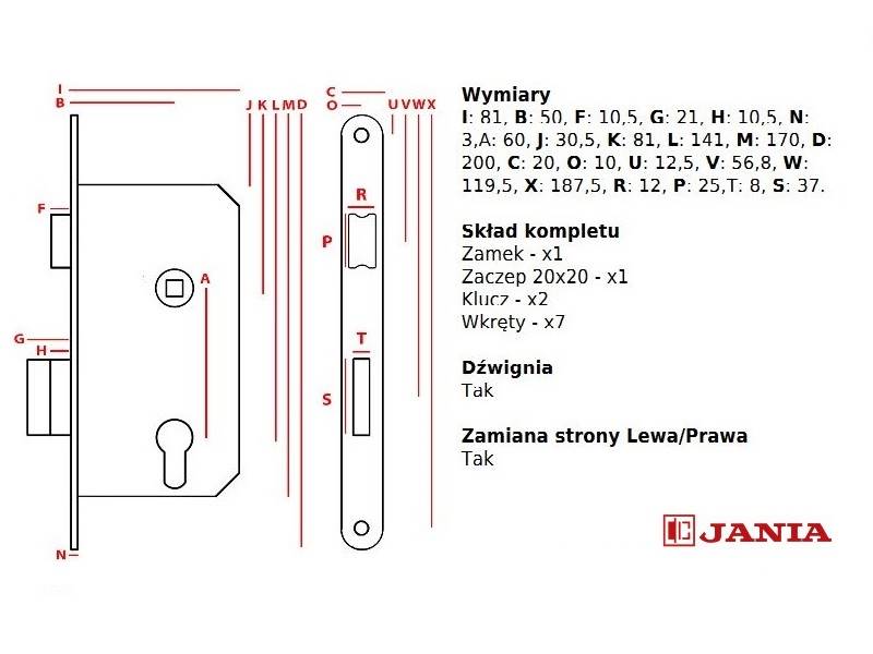 Zamek  drzwiowy Jania 60/50 klucz Z014