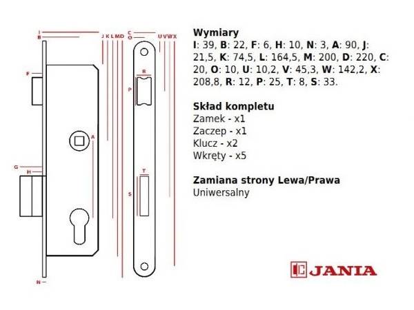 Zamek rolkowy wąski Jania KLUCZ 90/22 Z078