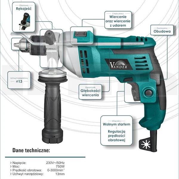 Wiertarka udarowa  750W, 13mm, 0-3000 obr/min
