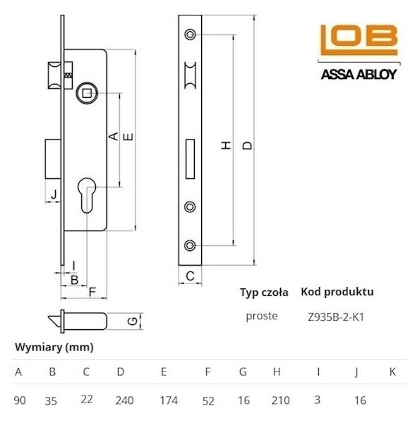 Zamek LOB 90/35W Z935B-2 bez zaczepu, czoło INOX 22mm 