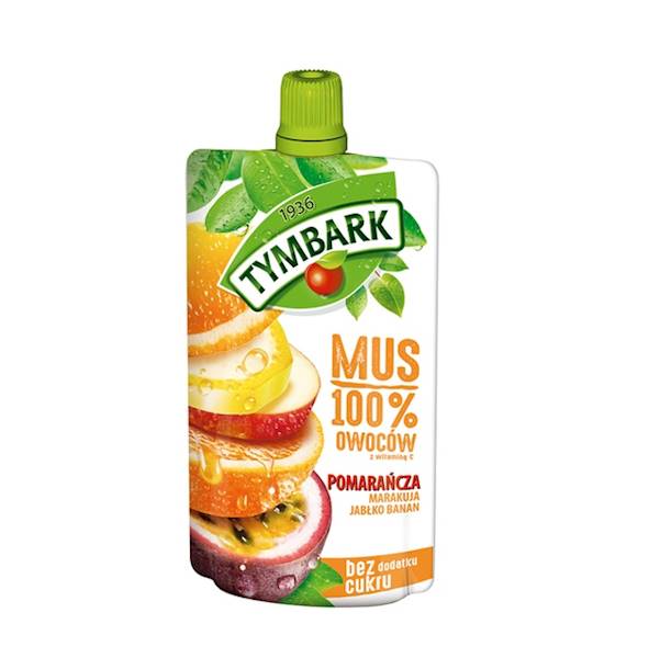 Maspex mus owocowy Tymbark 100% z Owoców Pomarańcza, Marakuja, Jabłko, Banan 120g