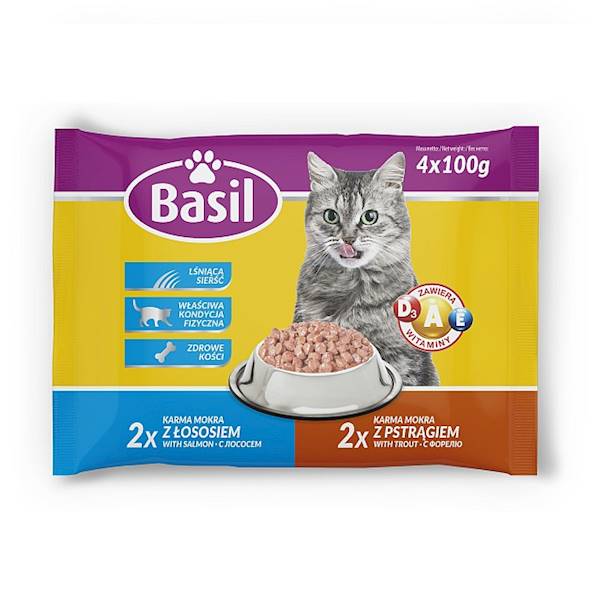 Topfood karma mokra dla kotów dorosłych w saszetkach Basil Z Łososiem i Z Pstrągiem 4X100g