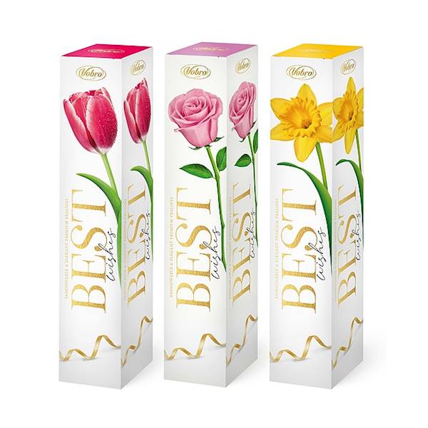 Vobro bombonierka na dzień kobiet Best wishes żonkil / róża / tulipan 75g