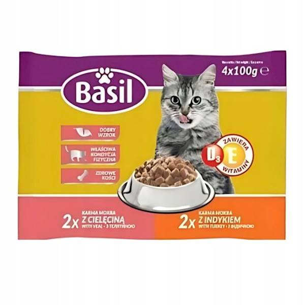 Topfood karma mokra dla kotów dorosłych w saszetkach Basil Z Cielęciną i Z Indykiem 4X100g