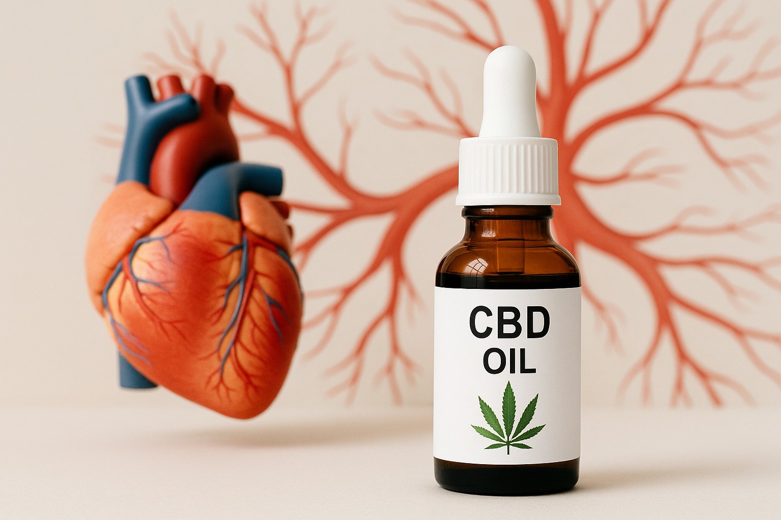 CBD a ciśnienie krwi i układ krążenia – butelka olejku CBD na tle motywu serca i układu krwionośnego