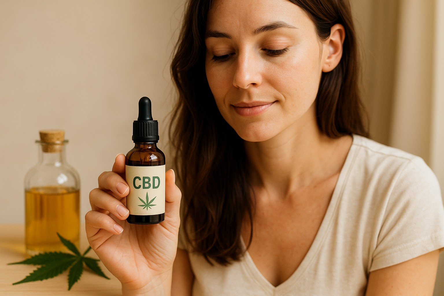 CBD dla kobiet – PMS, menopauza i równowaga hormonalna. Młoda kobieta z olejkiem konopnym.