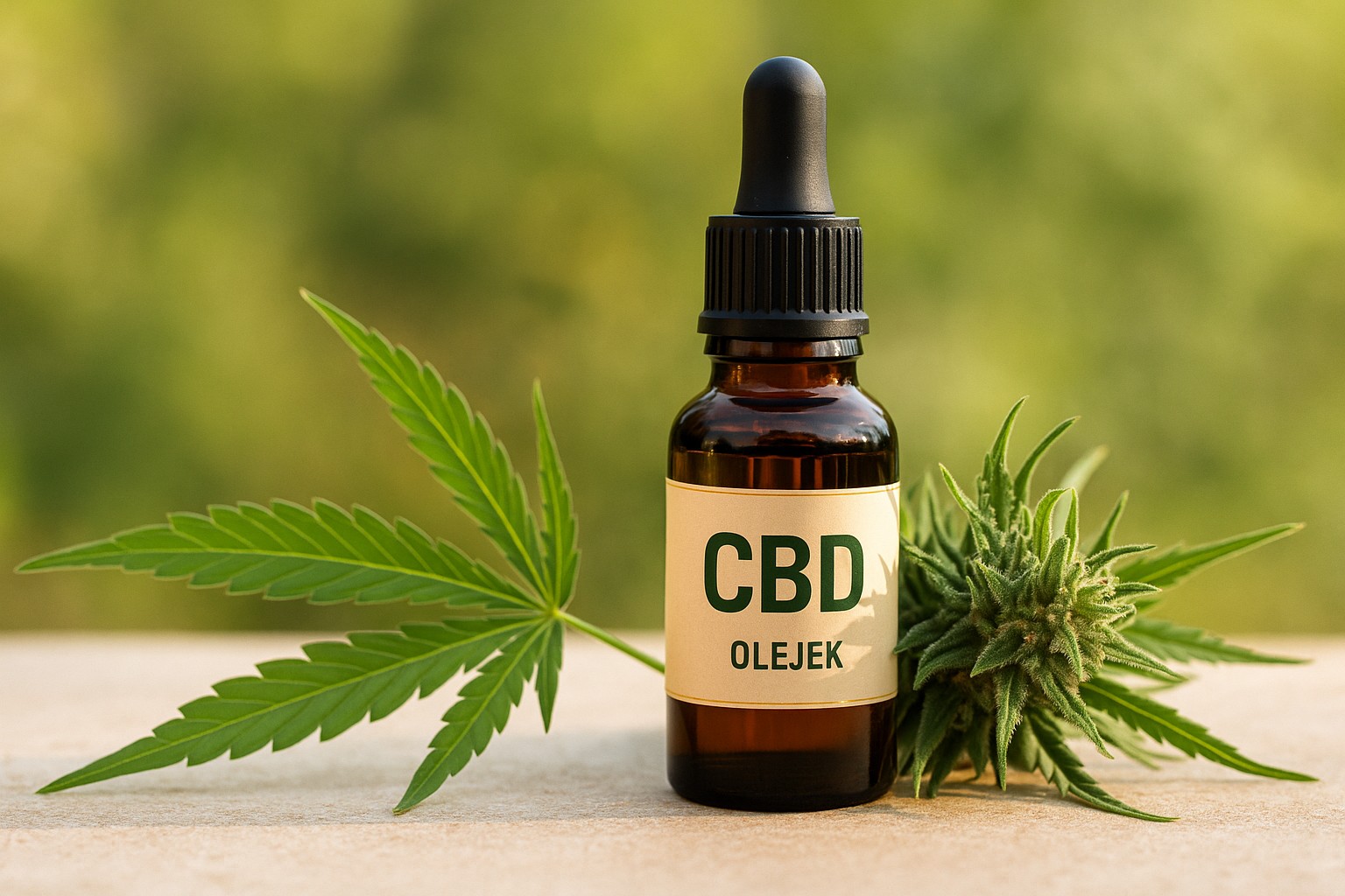 CBD a stres oksydacyjny – butelka olejku konopnego na jasnym tle, motyw antyoksydacyjny