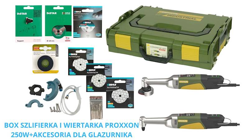 BOX SZLIFIERKA I WIERTARKA PROXXON 250W+AKCESORIA