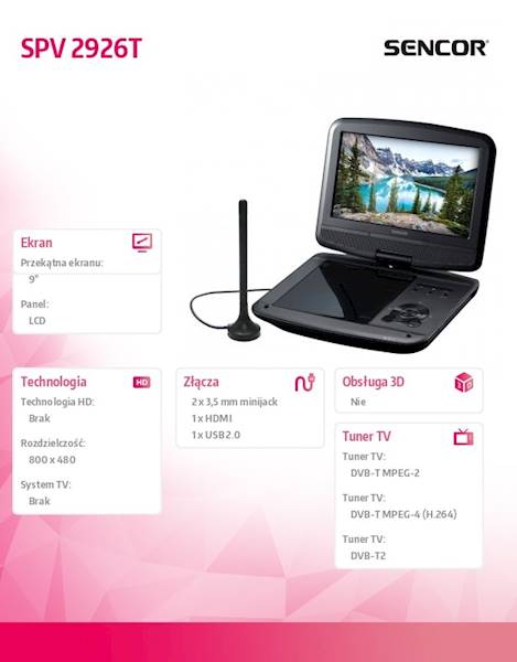 TELEWIZOR PRZENOŚNY SENCOR 9" SPV7926T DVD/TUNER