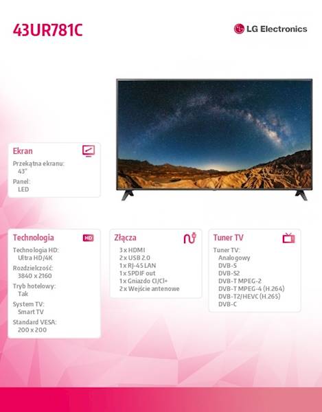 TELEWIZOR LED 43UR781C 4KUHD SMART DVBT-2 HEVC.265