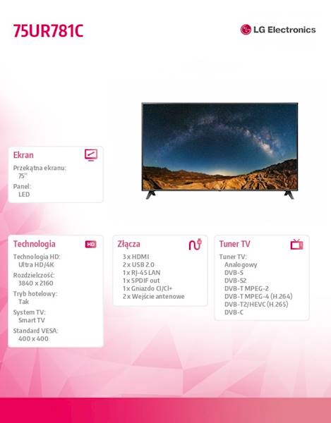 TELEWIZOR LED LG 75UR781C PRO 3 LATA GWARANCJI
