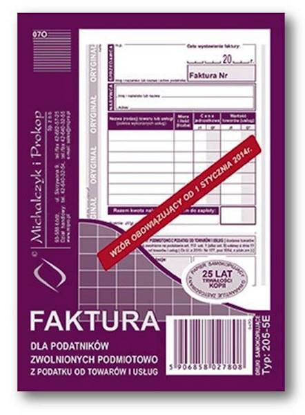 Faktura A6 Dla zw. podm. z podatku Vat O/K