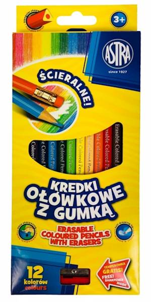 Kredki ołówkowe 12 kol. ASTRA z gumką + temperówka