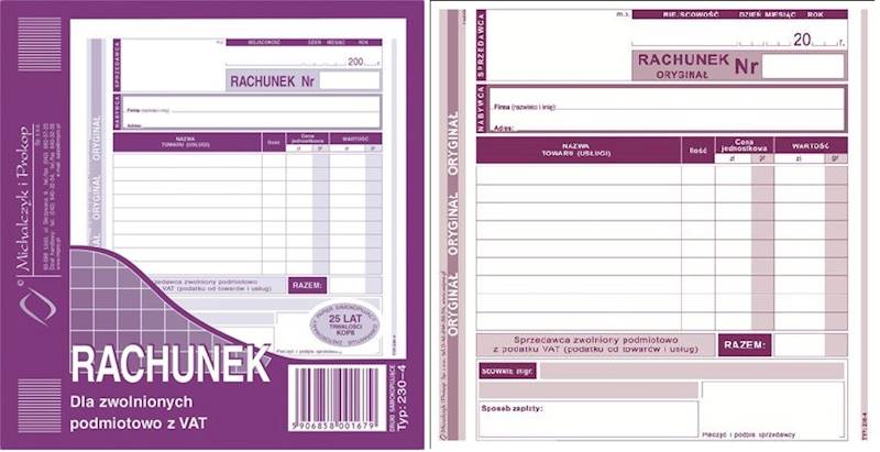 Rachunek 2/3 A5 dla zwolnionych z VAT O/K 230-4