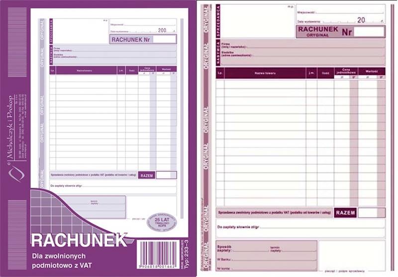 Rachunek A5 dla zwolnionych z VAT pion O/K 233-3