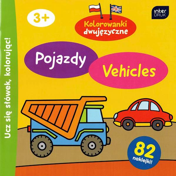 Kolorowanka z naklejkami dwujęzyczna Pojazdy