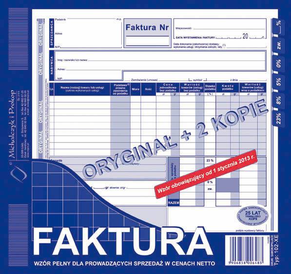 Faktura 2/3 A4 netto pełna O/K/K
