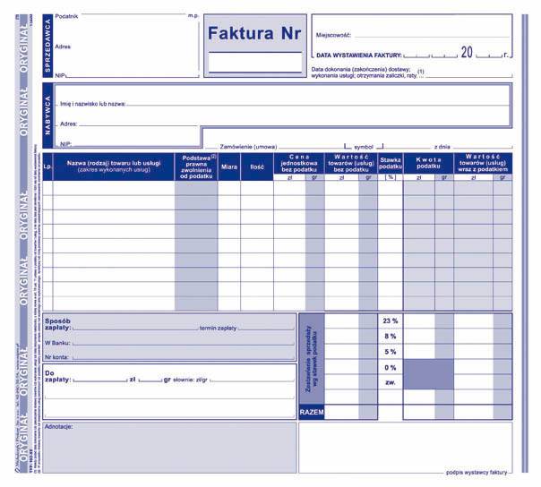 Faktura 2/3 A4 netto pełna O/K/K