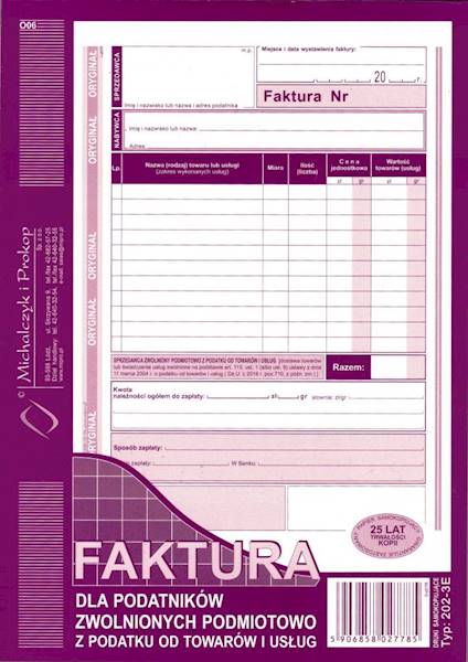 Faktura A5 Dla zw. podm. z podatku Vat pion 202-3E