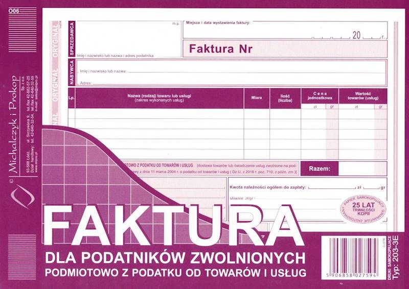 Faktura A5 Dla zw. podm. z podatku Vat poz 203-3E