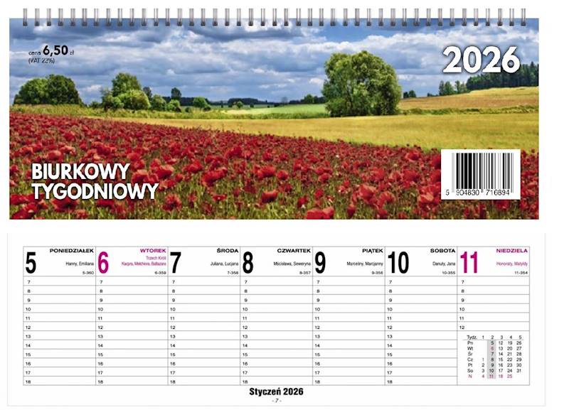 Kalendarz 2026 O-press Biurkowy 29x10cm Tygodniowy