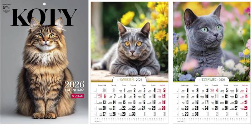 Kalendarz 2026 O-press A4 Ścienny Koty