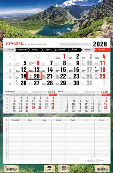Kalendarz 2026 PK Jednodzielny Plan Tatry