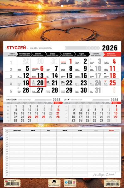 Kalendarz 2026 PK Jednodzielny Plan Plaża Romanty