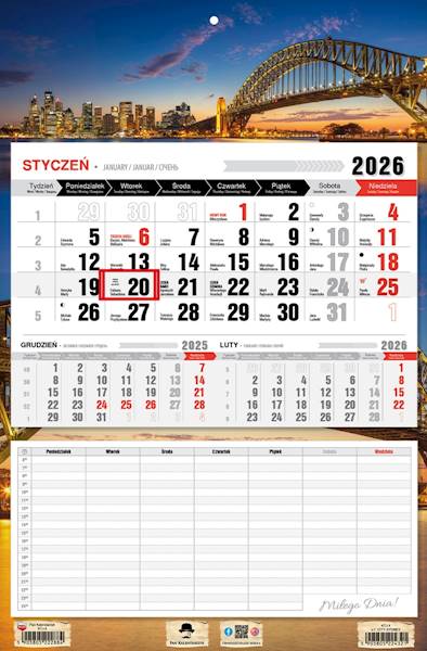 Kalendarz 2026 PK Jednodzielny Plan City Sidney