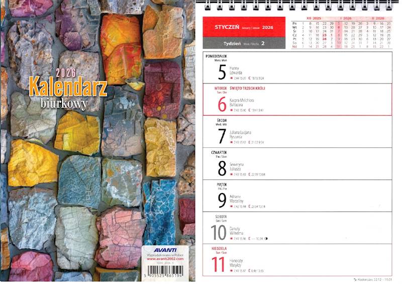 Kalendarz 2026 Avanti Biurkowy A5 pionowy Kamyki