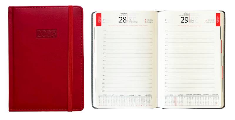 Kalendarz 2026 Avanti A5 Dzienny LUX z gumką Czerw