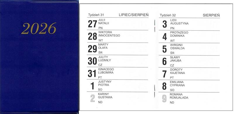 Kalendarz 2026 Prolog kieszonkowy A7 PCV niebieski