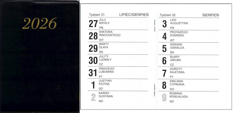 Kalendarz 2026 Prolog kieszonkowy A7 PCV czarny